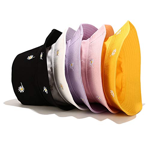 Womens Embroidered Daisy Bucket Hat Reversible Packable Beach Sun Hat - color: Daisy Purple/Plain Purple