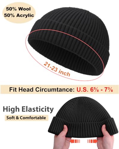 Short Fisherman Beanie for Men Women Wool Knit Cuff Winter Hats - color: 1pcs-black