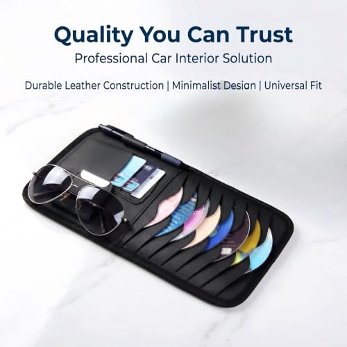 Car Sun Visor CD Holder, Leather Anti-scratch Protective Storage Pouch, Large Capacity Layered Organizer for CD Sunglass Card Pen, Clip-on Sunvisor Accessory for Most Cars (Black)