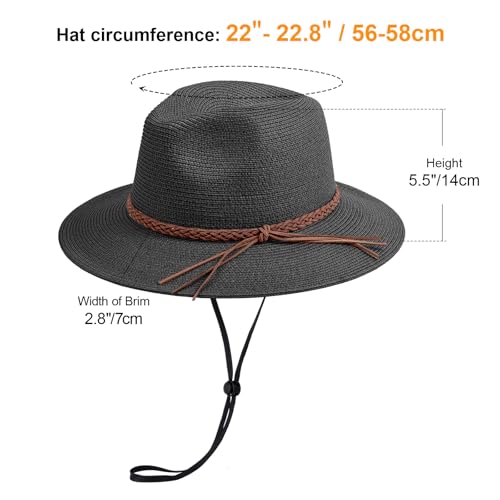 AQOKKA Summer Sun Hats for Women Straw Panama Hat with Wide Brim Roll Up Travel Fedora Beach Hat for Women Men UPF 50+ - color: Woven Rope : Black