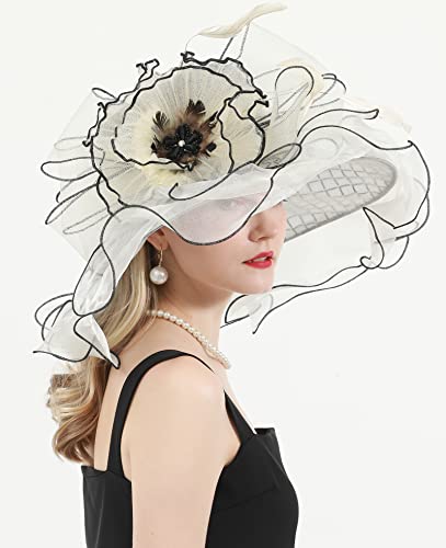 ORIDOOR Women Organza Fascinator Church Derby Hat Floral Tea Party Wedding Hat - color: 868-beige