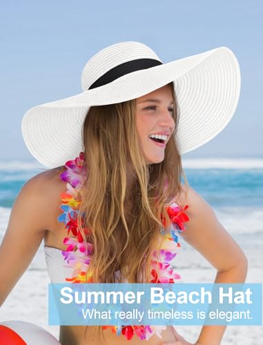 Floppy Sun Hats for Women, Summer Wide Brim Straw Beach Hat - color: Off-white, size: Large