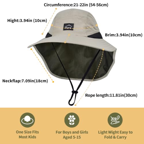 ZOORON Kids Sun Hat with Neck Flap Beach Fishing Bucket for Boys Girls - color: Khaki