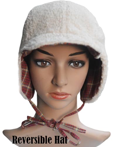 Reversible Winter Hat with Ear Flaps for Men Women Adult,Ladies Plaid Hat,Lamb Wool Lining Beanie Not for Kids - color: Plaid Red