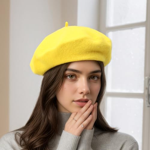 French Beret Hats for Women - Classic Wool Beret Hats Soft Knit Winter Cloche for Daily Outfits - color: Yellow
