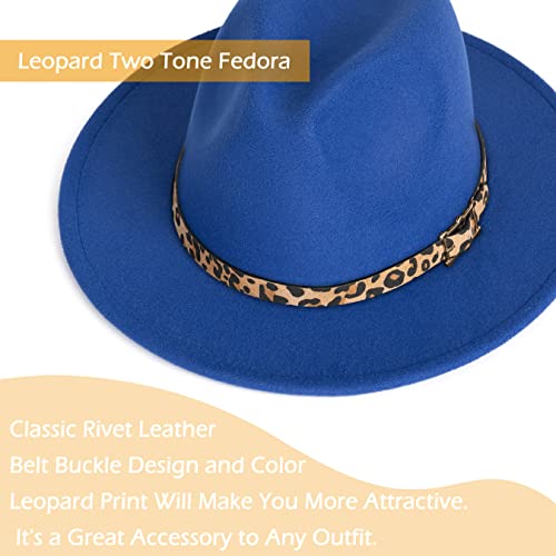 Women Two Tone Wide Brim Fedora Felt Panama Hat - color: Square Buckle-royal Blue Leopard