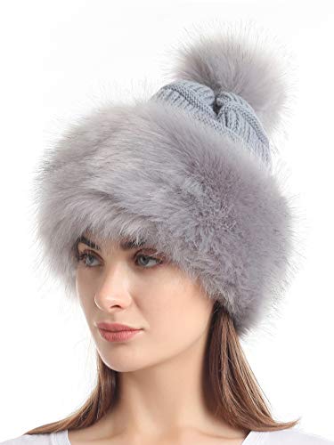 Soul Young Women's Faux Fur Hat Russian Cossack Knit Pompom Hat Ski Snow Cap for Winter Outdoor - color: Light Grey