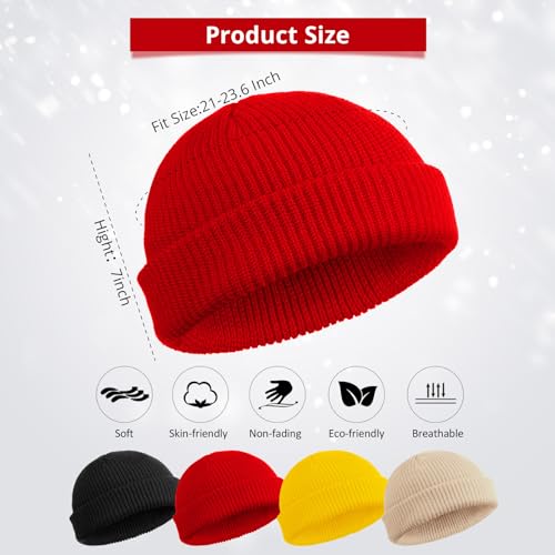 SATINIOR 4 Pieces Trawler Beanie Watch Hat Roll up Edge Skullcap Fisherman Beanie Unisex - color: Red, Yellow, Beige, Black, size: One Size