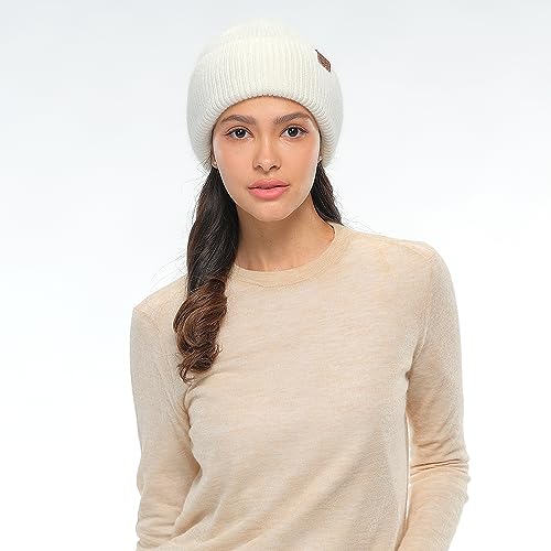 C.C Fuzzy Beanie for Women Unisex - Acrylic Stretchable Soft Warm Knit Winter Skully Hat - color: Angora-ivory