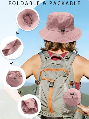 Splash-Proof Packable Bucket Hat for Men Women Lightweight Foldable Fishing Hiking Sun Hat with Adjustable Chin Strap - color: Pink