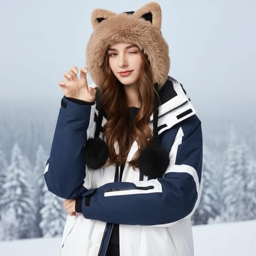 Women Winter Sherpa Beanie Hats Knit Ear Flap Hat Fleece Lined - color: Black With Khaki Ear