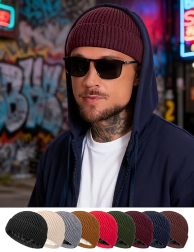 Fleece Lined Wool Short Fisherman Beanie Men Women Cuff Winter Hat - color: 1pc-winered