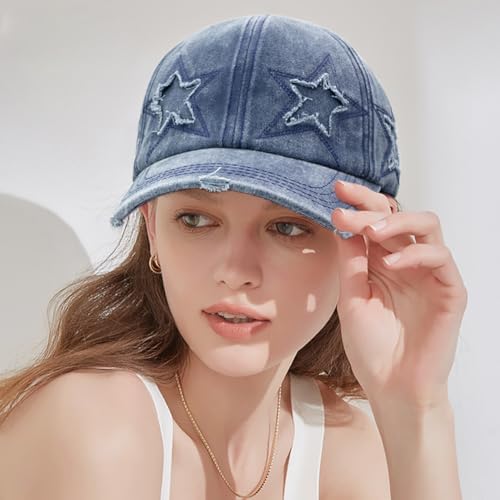 Retro Washed Distressed Baseball Cap with Five Pointed Stars for Women Men - color: Navy