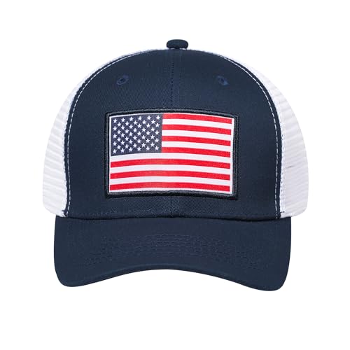 American Flag Trucker Hat, Patriotic Baseball Cap for Men & Women, Breathable Mesh Adjustable Snapback, USA Flag Patch - color: Navy/White