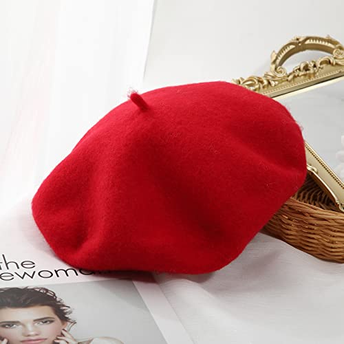 Women French Wool Beret Hats - Solid Color Classic Beanie Winter Cap - color: Thicker-red