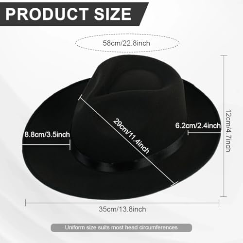 VASANA Black Wide Brim Fedora Hat with Satin Ribbon Band Felt Panama Cap Rancher Hat for Women Men - color: Black