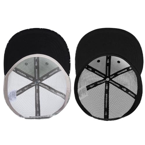BASSDASH 2 Pack Flat Brim Trucker Cap Adjustable Snapback Hat Mesh Back for Men Women Fishing Hunting - color: Heather Grey and Black & Black Geometry