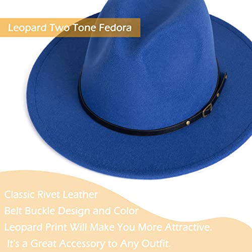 Women Two Tone Wide Brim Fedora Felt Panama Hat - color: Royal/Leopard