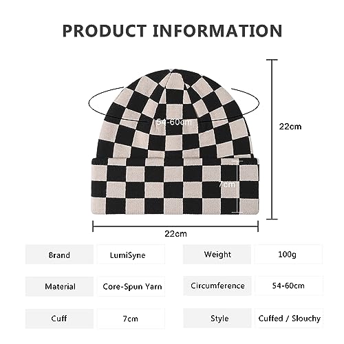 LumiSyne Knitted Beanie - Men Women Checkerboard Pattern Cuffed Slouchy Stretchy Warm Winter Hat Baggy Skull Cap - color: Beige