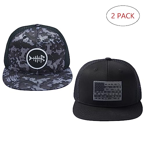 BASSDASH 2 Pack Flat Brim Trucker Cap Adjustable Snapback Hat Mesh Back for Men Women Fishing Hunting - color: Pack of 2,night Digital Camo & Black/Fish Flag
