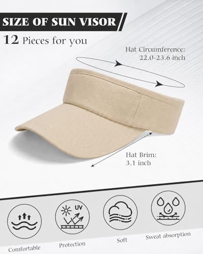 12 Pack Sun Visor Hats Softball Adjustable Cap Sun Protection for Women Men - color: Beige