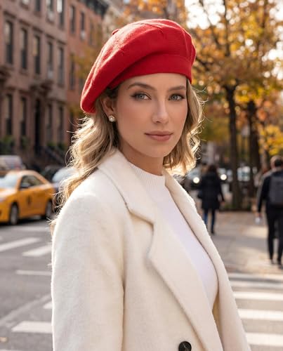 Women's Knitted Beret, French Style Double Layer Winter Autumn Warm and Soft Beanie Hat Cap - color: Red