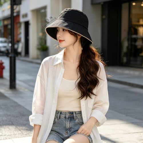 Women's Foldable Wide Brim Bowknot Bucket Hat Sun Protective - color: Black
