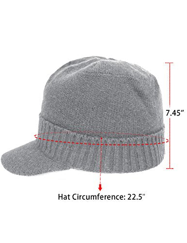 Dahlia Men's Beanie with Visor - Wool, Winter Hat w/Brim, Fleece Lined - color: Solid: Light Gray