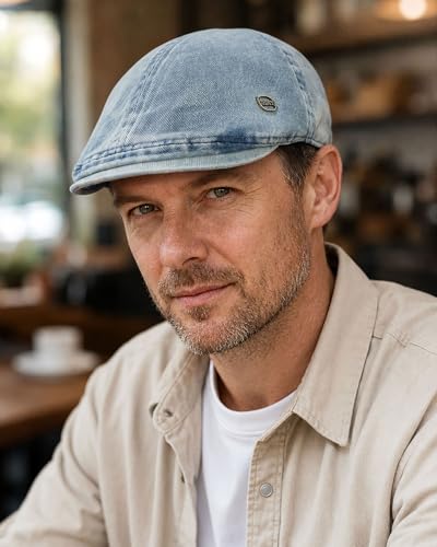 CLAPE Washed Denim Flat Cap for Men, Vintage Newsboy Scally Driver Hat, Adjustable Fit - color: Nb2610-washedlightblue