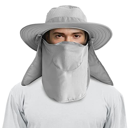 3 Pack Mens Outdoor Wide Brim Fishing Hat,UPF 50+ Sun Protection Cap with Face Neck Flap for Hiking & Garden - color: 3 Pack-light Grey