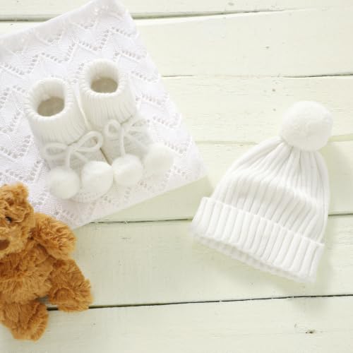 Baby Hats and Booties Set Newborn Knit Pompom Beanie Caps Shoes Winter - color: White