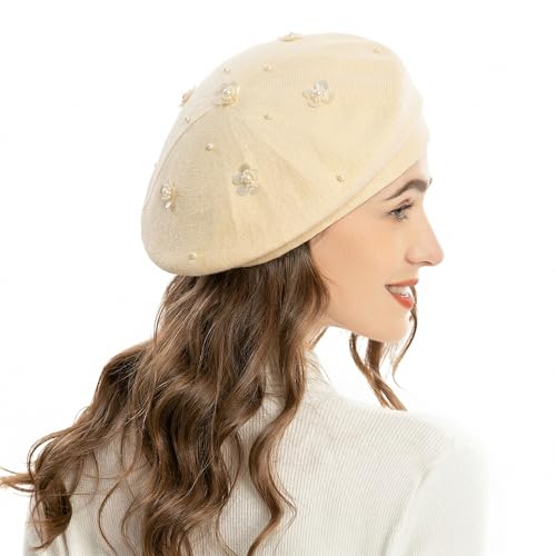 ZLYC Women French Beret Hat Reversible Knit Thickened Warm Artist Cap - color: Paillettes Beige