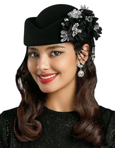 ORIDOOR Women's American and British Felt hat Church Derby Wedding Tea Party Crystal Flower Decoration Beret hat - color: 03-black