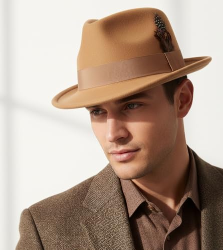 Lisianthus Short Brim Fedora Unisex Trilby Hat with Feather Band - color: Camel