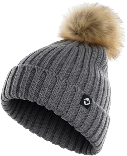 Funky Junque Women’s Winter Detachable Pom Beanie – Warm Knit Hat with Removable Faux Fur Pom, Soft Stretch Acrylic Cozy Cap - color: Charcoal