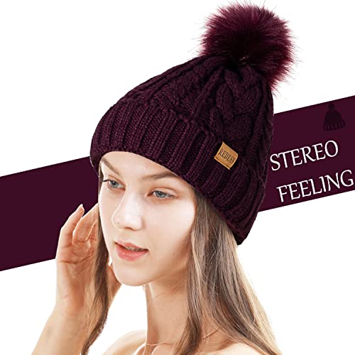 REDESS Women Winter Pompom Beanie Hat with Warm Fleece Lined Thick Slouchy Snow Knit Hat Skull Ski Cap - color: Dark Purple