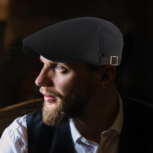 meioro Mens Breathable Mesh Summer Hat Adjustable Flat Cap Newsboy Beret Ivy Cap Irish Cabbie Fishing Hats - color: Black