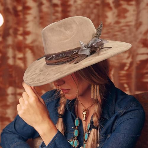 Brim Fedora Hat for Men Women Felt Handmade Boho Western Suede Panama Hats M-L - color: Khaik