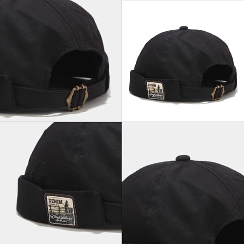 Men Docker Cap Brimless Skullcap Sailor Cap Rolled Cuff Retro Beanie Hat with Adjustable - color: Black