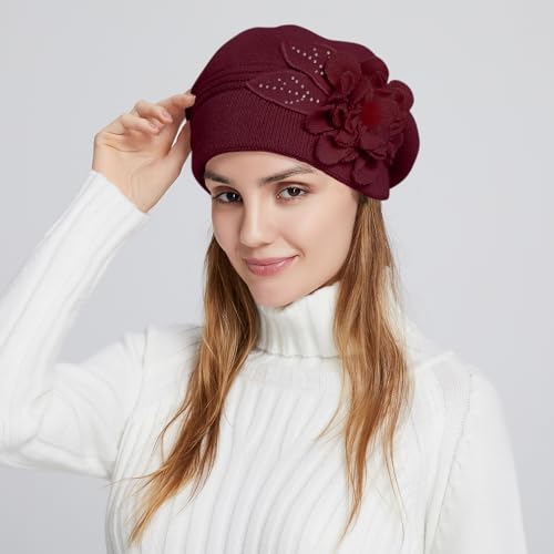 Flower Women Beret, Double Layer Thickened Winter Knitted Beanie Beret Hat, Stylish French Dress Beret Hats for Women - color: Wine Red