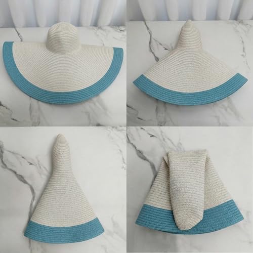 Oversized Sun Hats for Women Wide Brim UV Protection Straw Hats Striped Floppy Sun Protection Hats Packable Beach Hat - color: A White/Blue