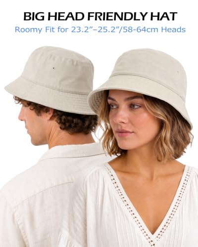 Zylioo XL XXL Bucket Hat for Big Heads, Washed Cotton Sun Hat - color: Beige-lined, size: X-Large