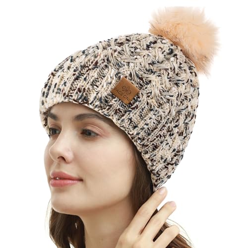 PAGE ONE Womens Winter Ribbed Beanie Crossed Cap Chunky Cable Knit Pompom Soft Warm Hat - color: Mix Oat