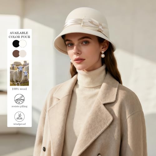 Women Cloche Felt Hat Winter Wool Bucket Hat Vintage Fedora Bowler Hat - color: 2-white