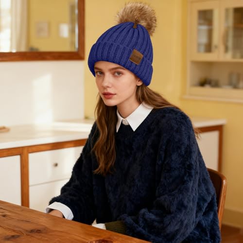 ZOORON Womens Winter Knitted Beanie Hat with Faux Fur Pom Beanie Warm Knit Skull Cap Beanie for Women - color: 1navy Blue