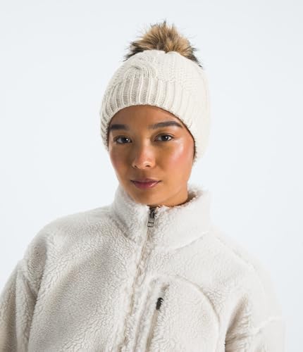 THE NORTH FACE Women's Oh Mega Fur Pom Lined Beanie | Deep Fit, Cuffed Winter Hat With Soft Cable Knit & Fleece Lining - color: White Dune