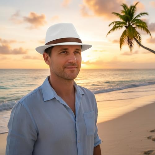 Straw Fedora Hat for Men Panama Hat Short Brim Summer Sun Hat - color: A-white