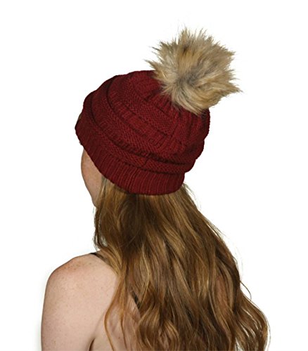 Gravity Threads Cable Knit Faux Fur Pom Pom Beanie Hat - color: Burgundy