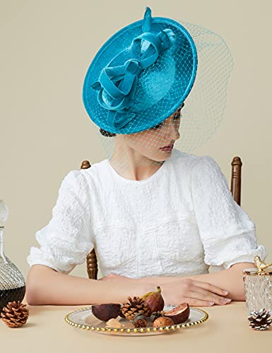 BABEYOND Fascinators Hats for Women Tea Party Velvet Veil Flat Derby Hat - color: Lake Blue