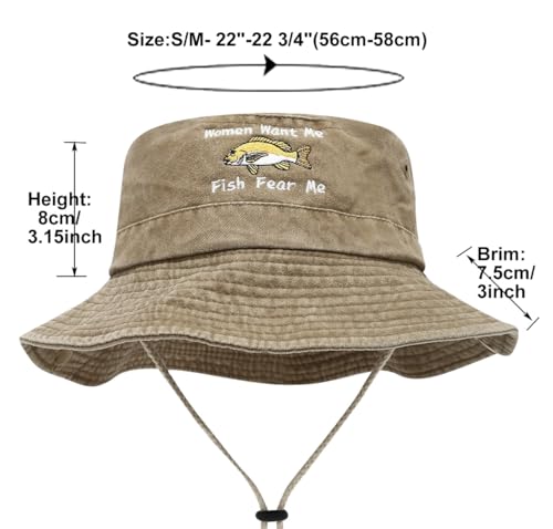 Sun Bucket Hat for Men Women Fishing Beach Safari Trendy Cotton Cowboy Cap for Golf Hiking Hunting Outdoor Boonie - color: Fish Khaki